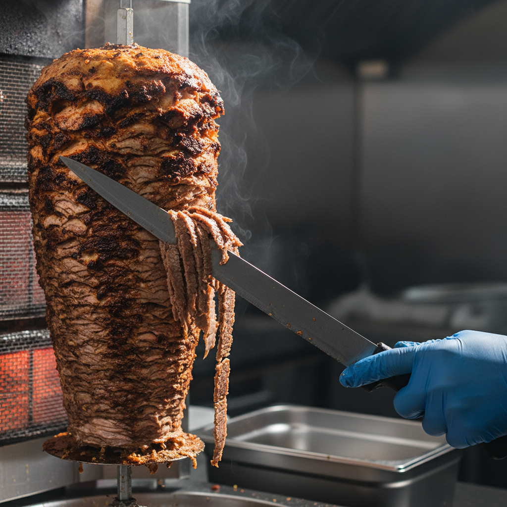 Close-up of doner kebab shaved from rotisserie for Mississauga Turkish cuisine delivery