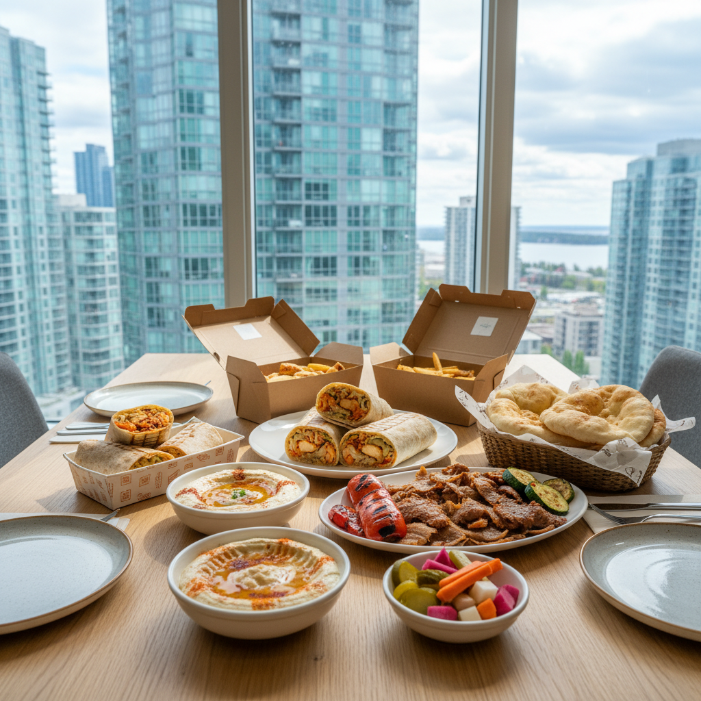 Turkish cuisine delivery spread with shawarma, doner, hummus, and pita in a Mississauga home