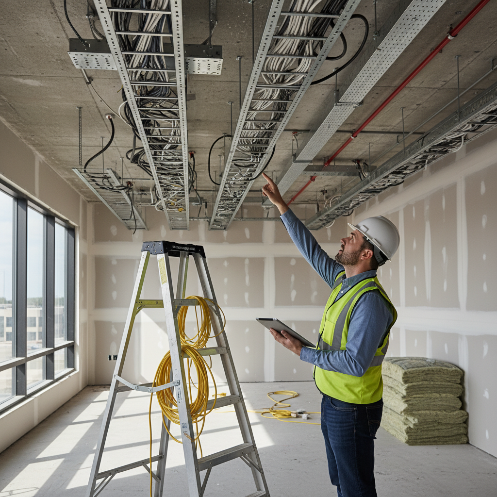 Engineer surveying ceiling pathways and trays for structured cabling in a modern office