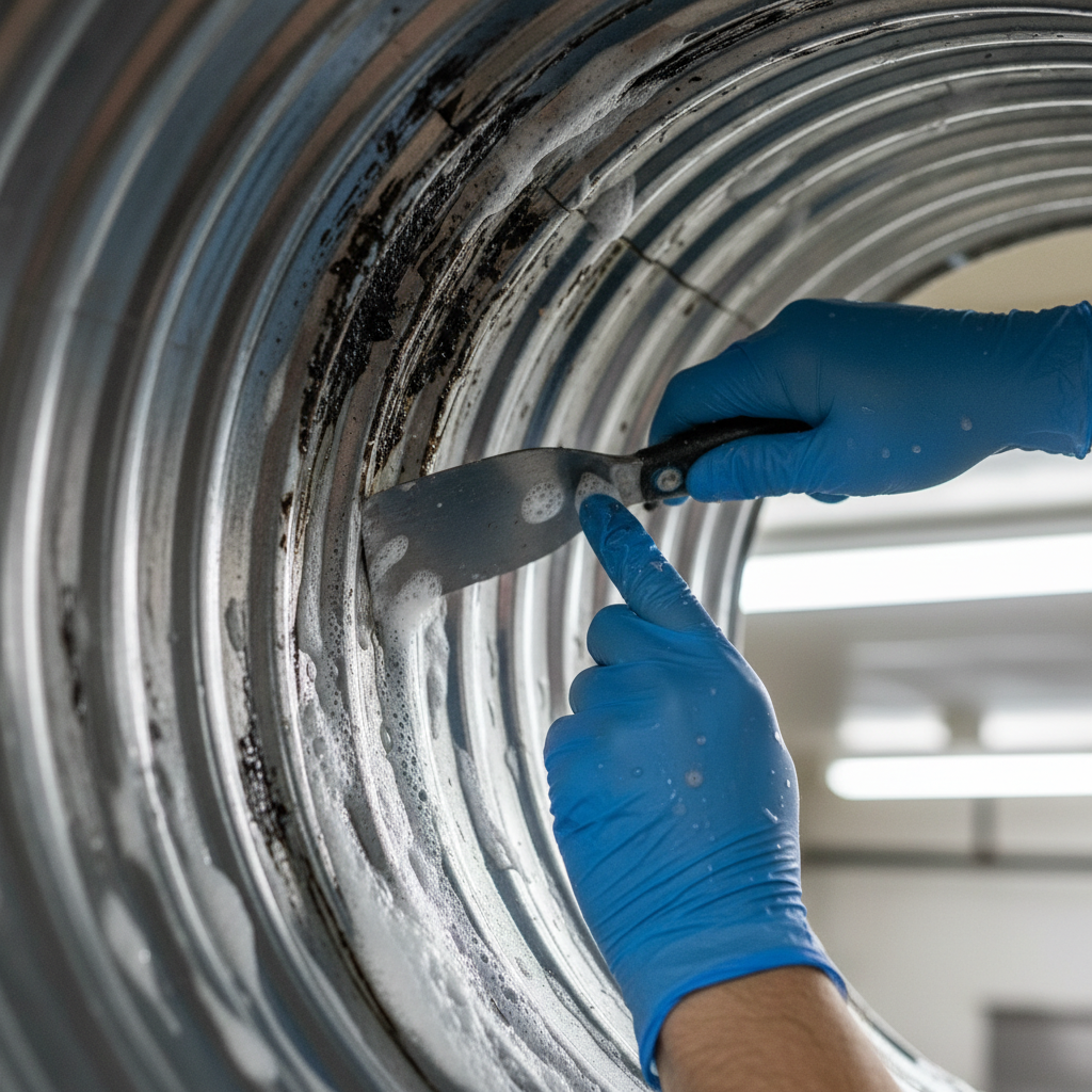 Close-up of duct degreasing during restaurant kitchen cleaning services in Ontario, showing hands scraping baked-on grease for NFPA-aligned hood and duct cleaning