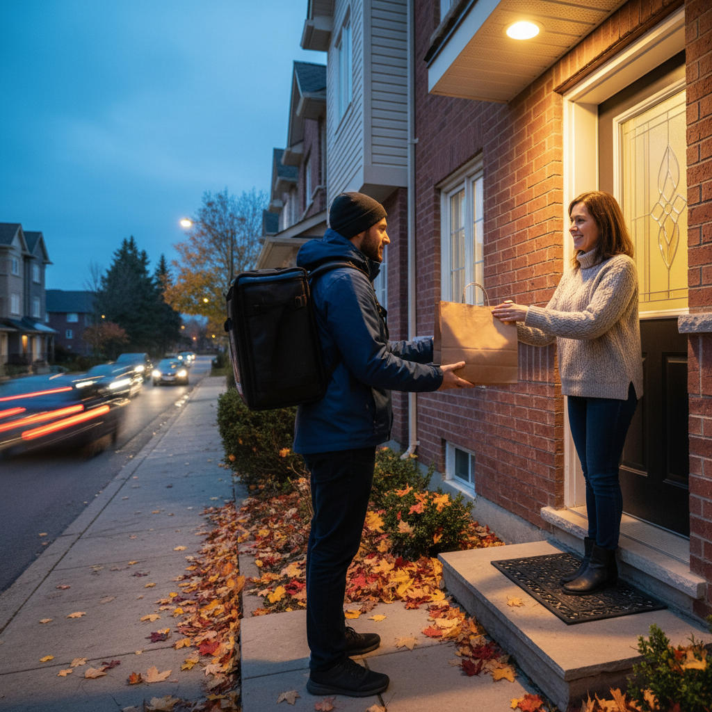 Courier handing eco-friendly takeout bag at a Mississauga doorstep for Turkish food delivery