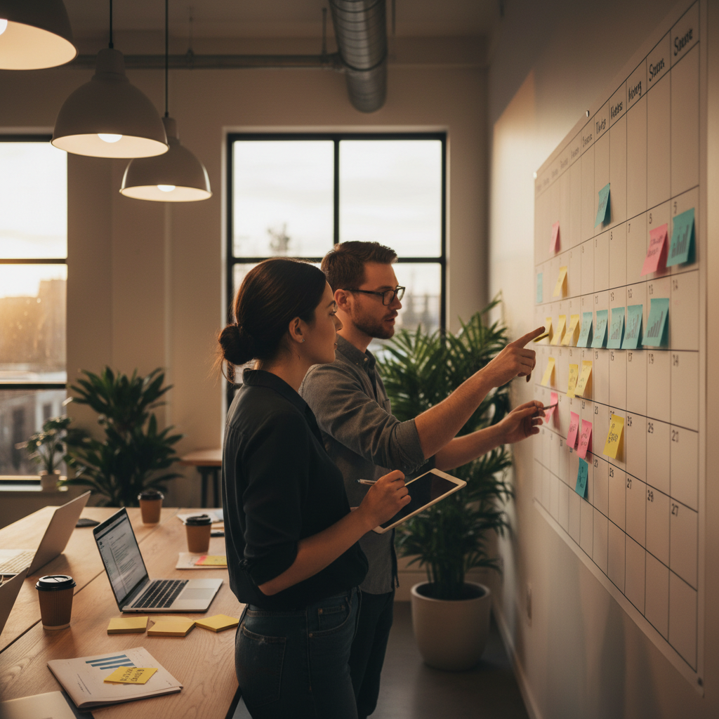 Team reviewing a wall calendar to schedule Canadian funding application milestones and deadlines in a collaborative workspace