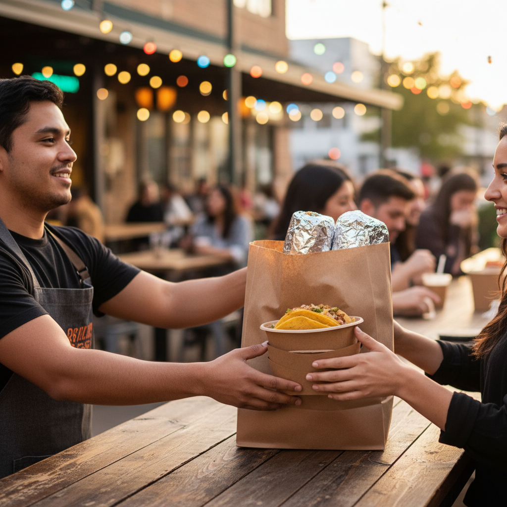 Takeout pickup scene at a Mexican grill with eco containers and taco kits, showing efficient menu navigation for busy evenings