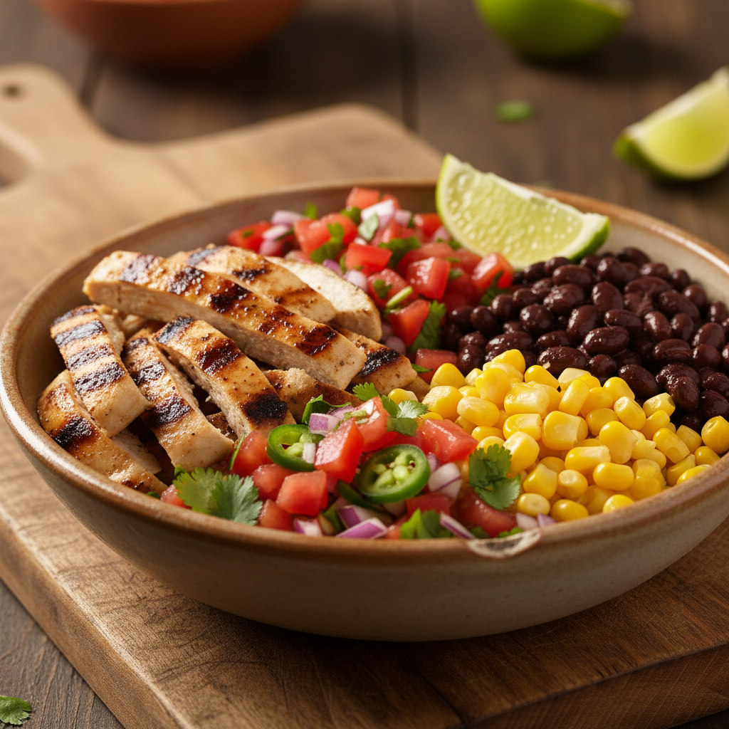 Close-up of a burrito bowl being assembled at a Mexican grill, illustrating Mexican grill menu navigation and balanced toppings
