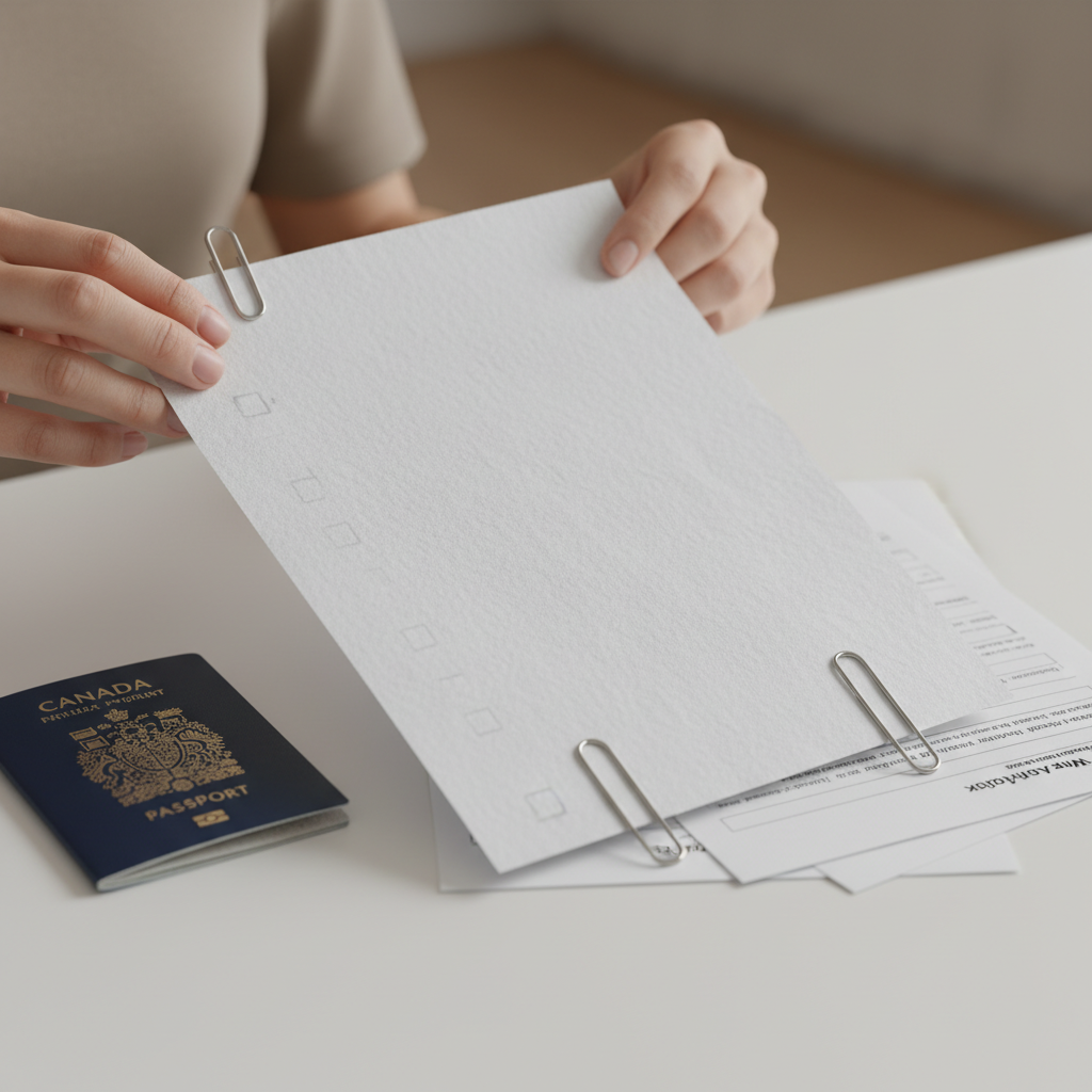 Close-up detail of a Canadian work permit application checklist with passport and forms ready to submit