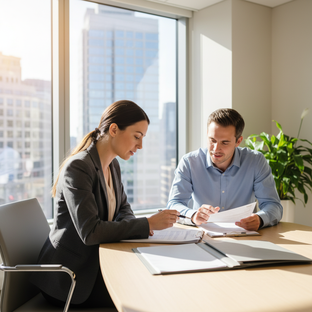 Immigration consultant in Mississauga reviewing a Canadian work permit file with an applicant in a bright office