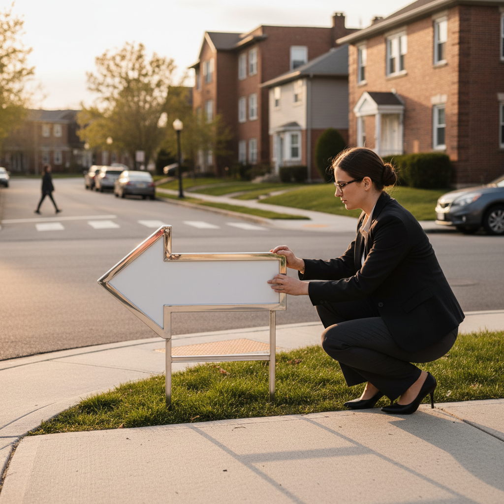 Agent placing a directional arrow sign near an intersection to guide open house traffic