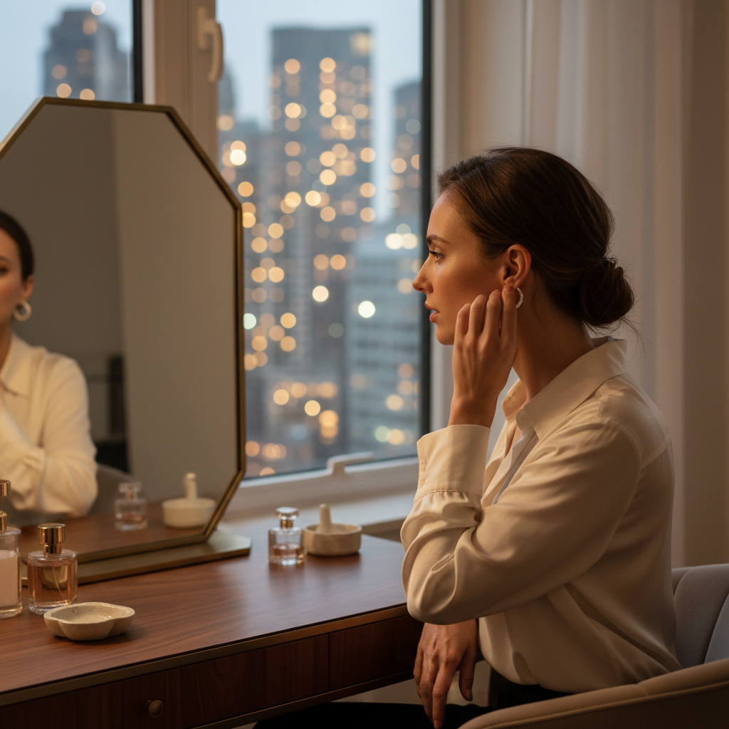 Lifestyle scene of a woman fastening lab grown diamond hoop earrings, ideal for Manhattan day-to-night wear