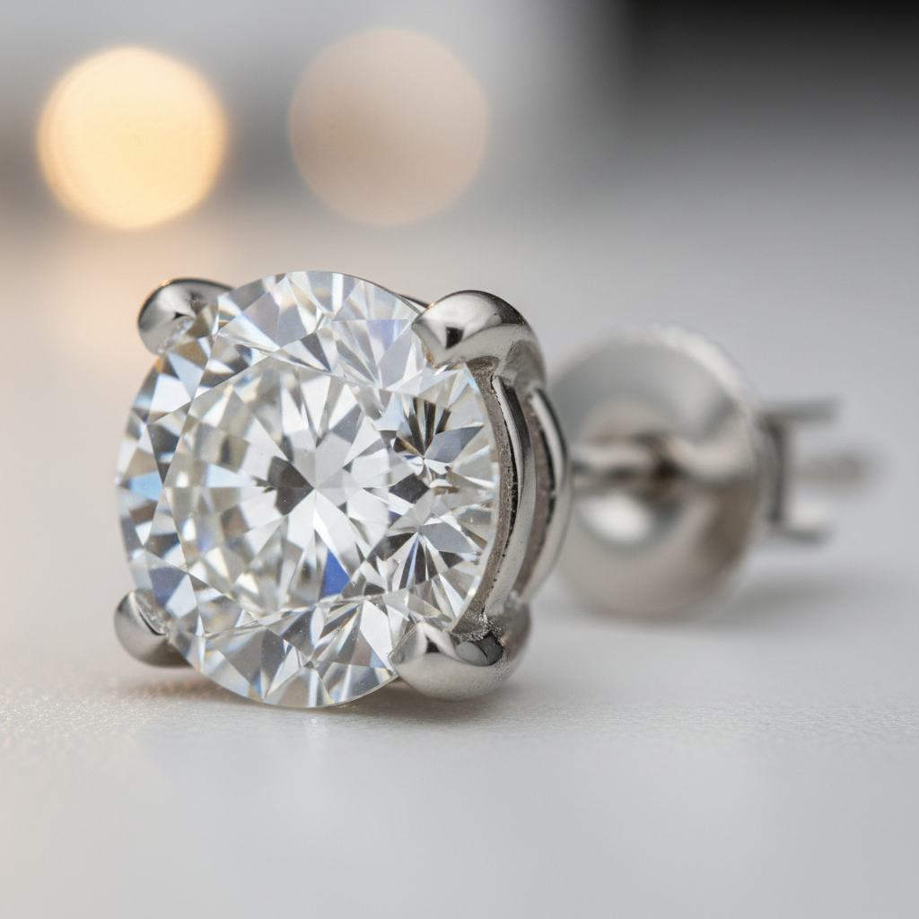 Macro close-up of a lab grown diamond stud earring showing four-prong basket and screw-back for secure wear