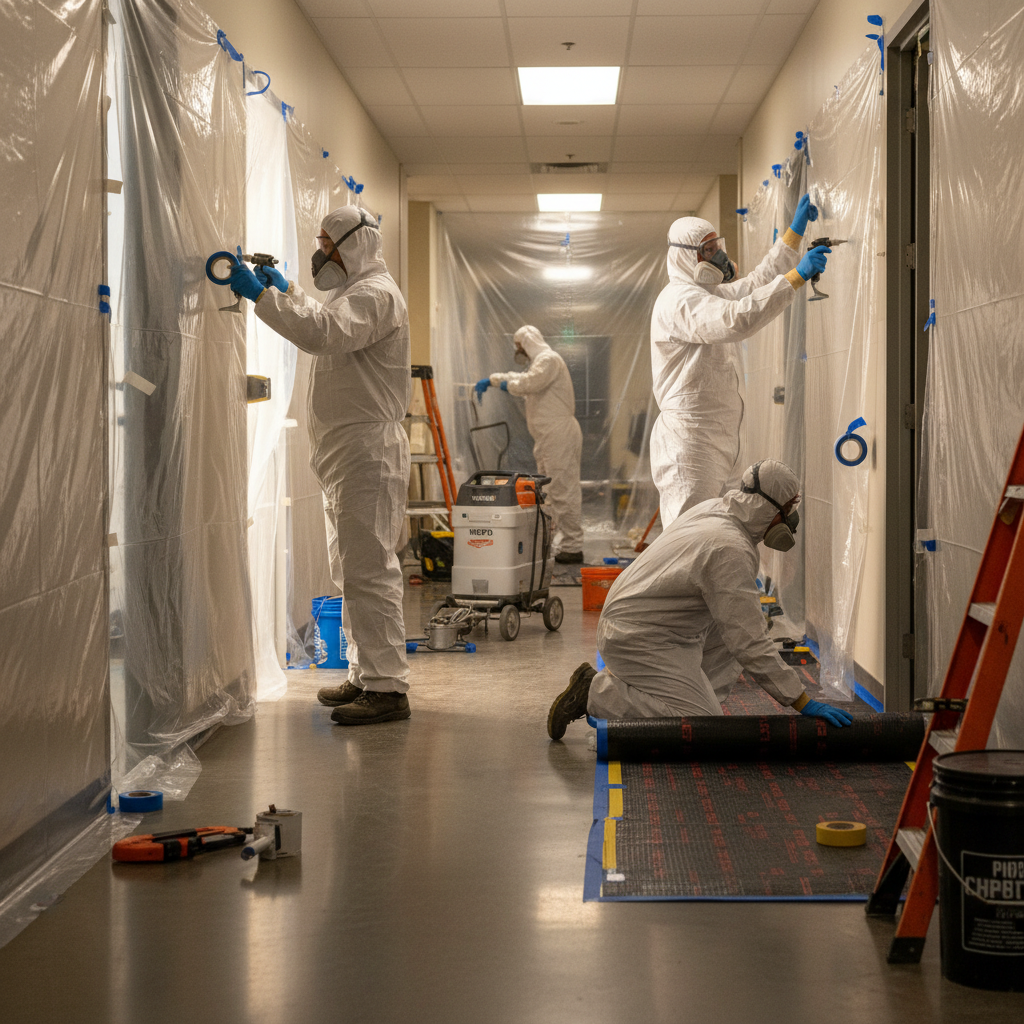 Commercial hallway containment setup for professional mold remediation service with floor protection and taped door frames