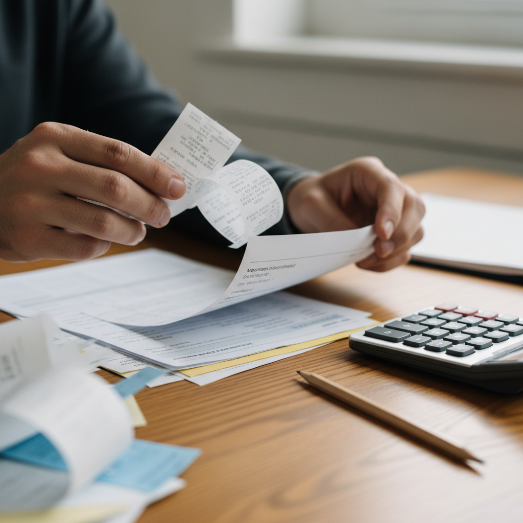 Close-up of organized receipts and bank statements next to a calculator supporting meticulous tax planning services