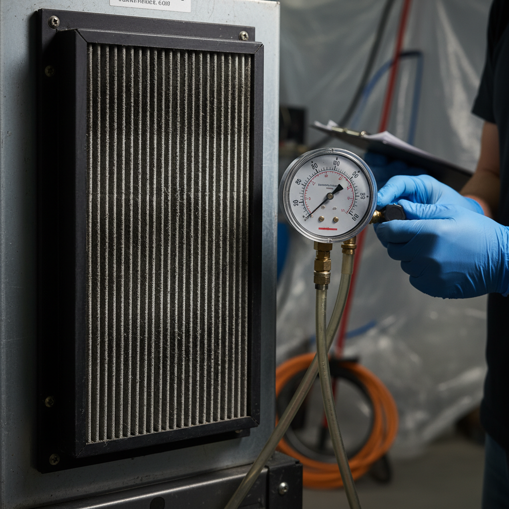 Close-up of HEPA air scrubber and manometer ensuring negative pressure during mold remediation service in Ontario