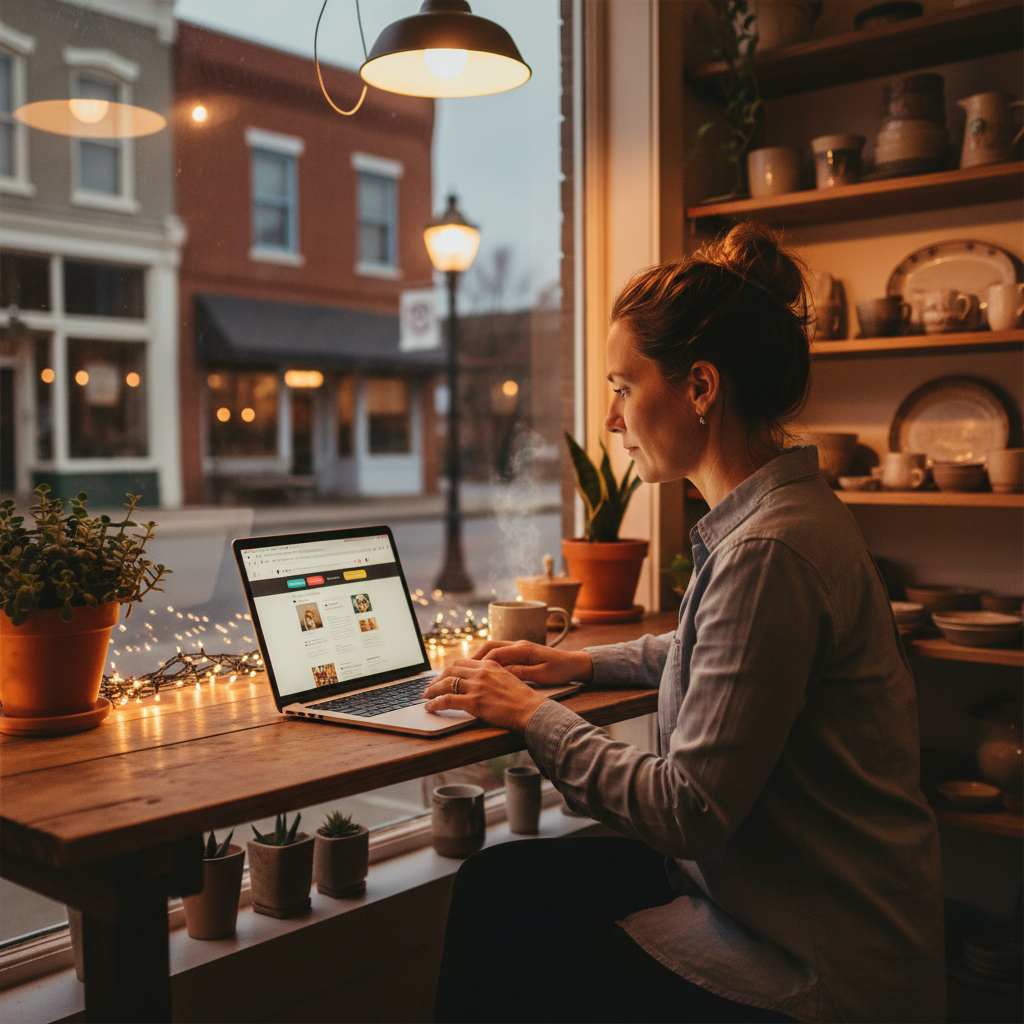 Small business owner reviewing website for local link opportunities and outreach tabs