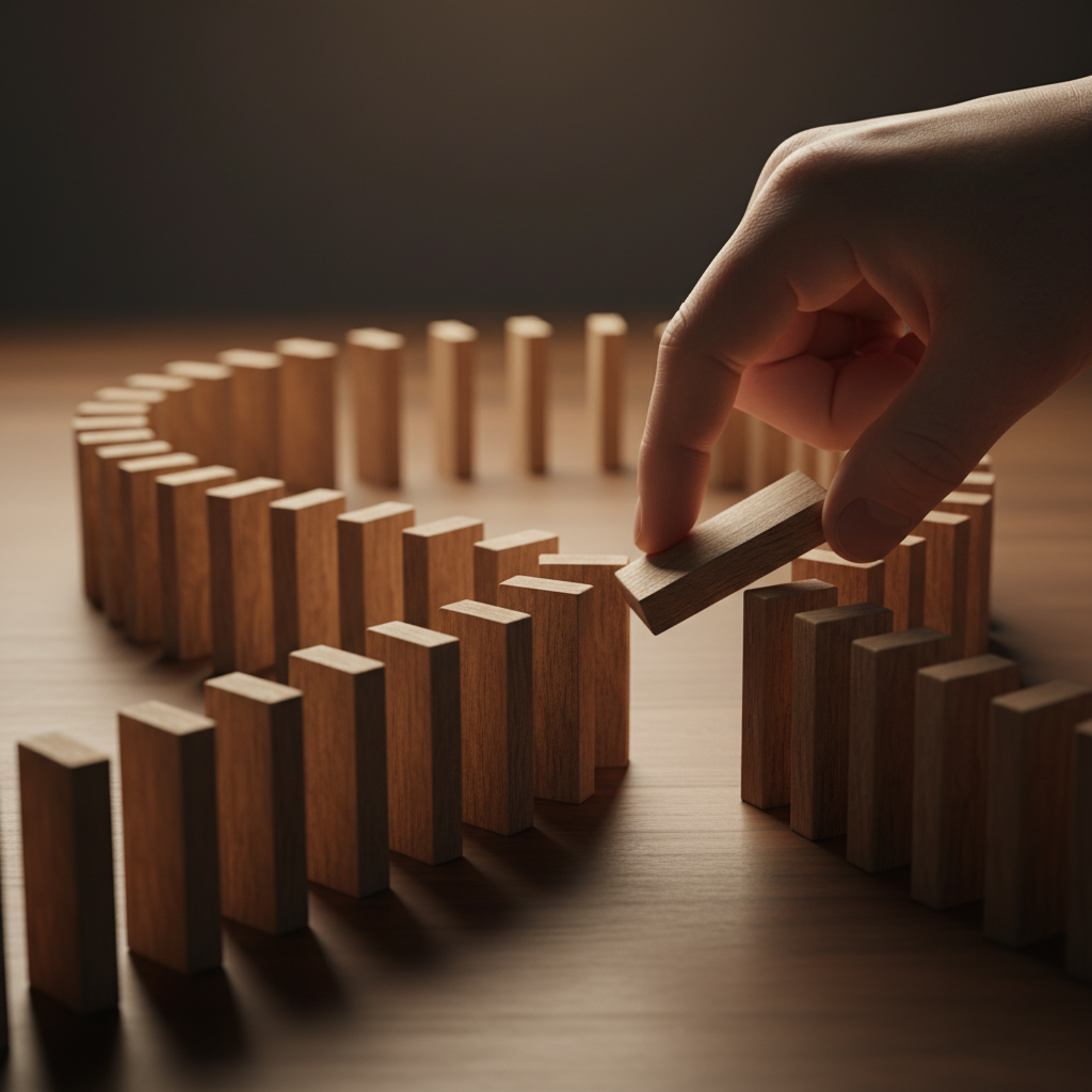 Close-up domino chain symbolizing link building strategy and authority flow