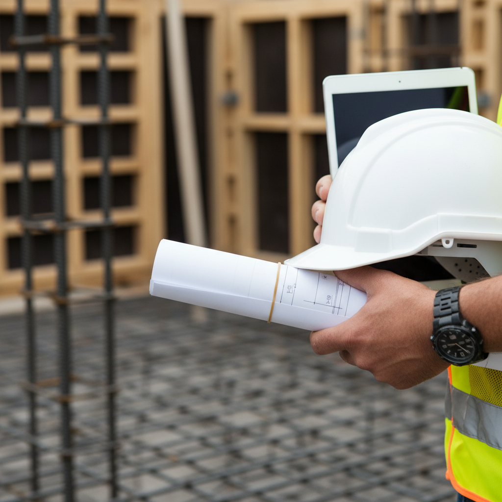 Close-up of a construction manager with hardhat and drawings on a Texas jobsite, highlighting construction management services and quality checks
