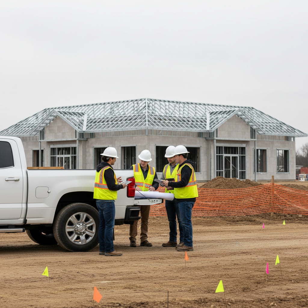 Texas commercial construction team planning on a jobsite near a framed convenience store, illustrating construction management teamwork
