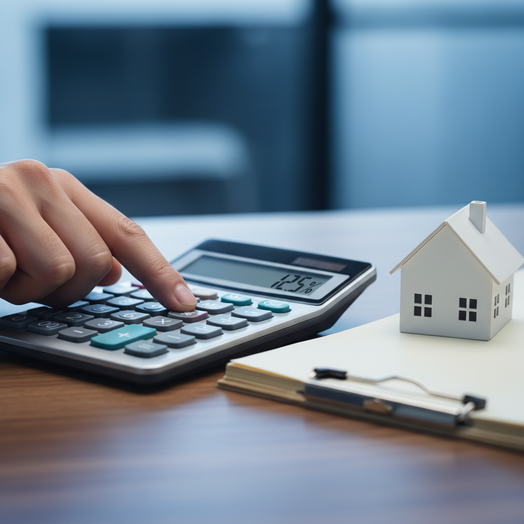Close-up of calculator percent key beside a small house model illustrating how mortgage interest rates today affect repayment calculations
