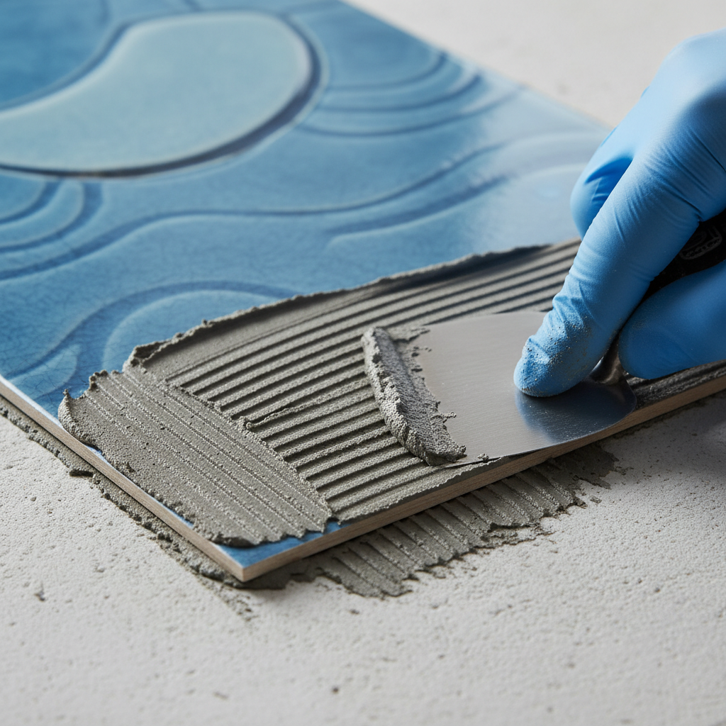 Close‑up of repairing pool tiles: gloved hand applying thinset to a porcelain pool tile at the waterline