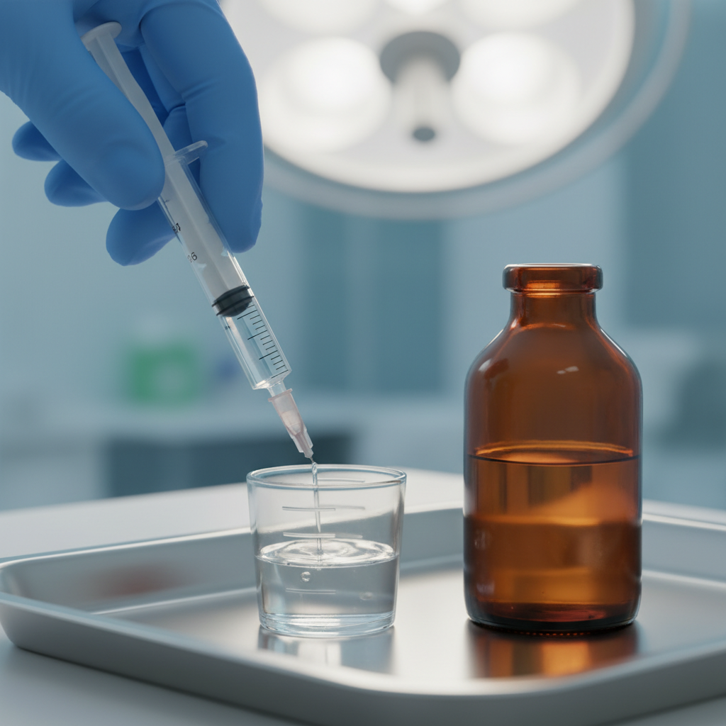 Close-up of clinician measuring methadone dose for supervised OAT treatment in Ontario clinic