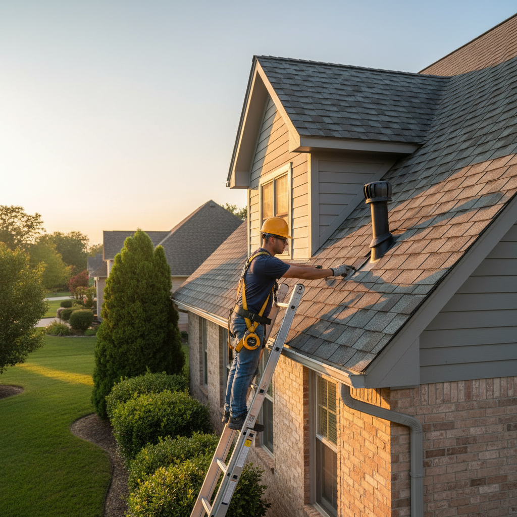 Roof inspection photo used in a home inspection report showing shingles and flashing near a vent
