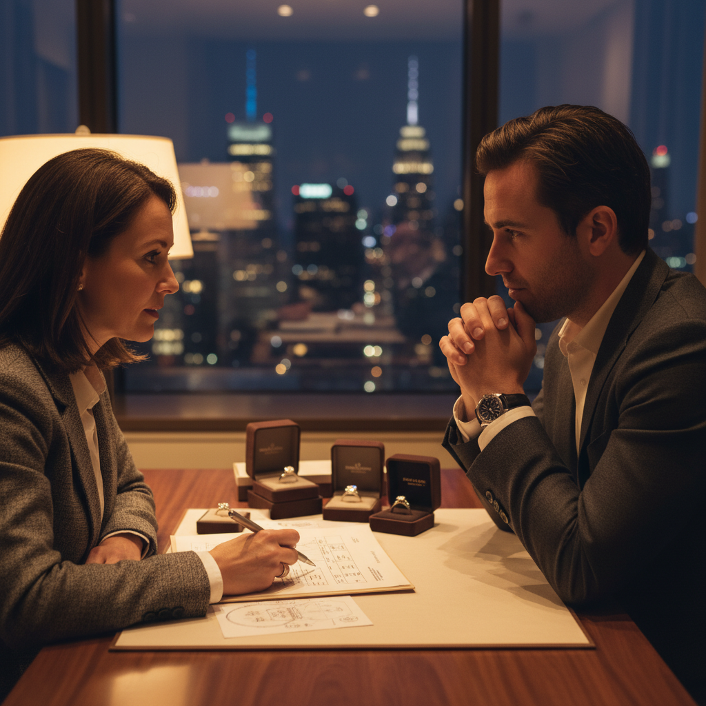 Cash for Gold & Diamonds: Honest Value From NYC Experts 2 Private consultation scene in New York where a jeweler and client review diamond grading reports and ring settings before a cash for gold and diamonds offer