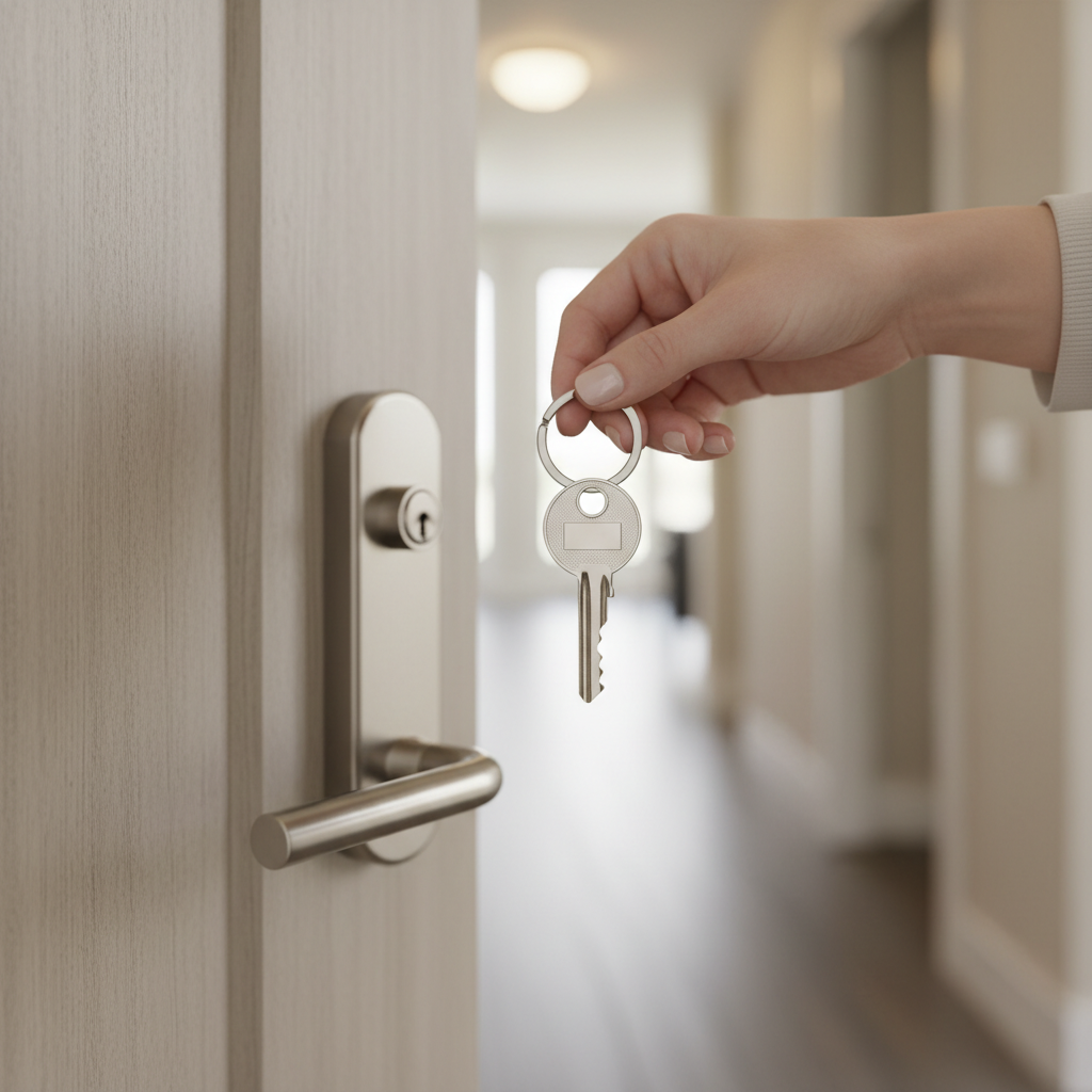 Close-up of a realtor’s hand holding a house key, illustrating offer and closing steps in Realtor Canada transactions