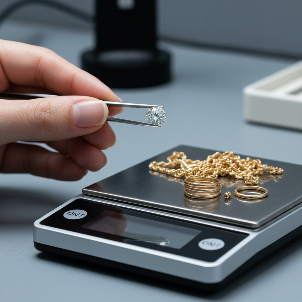 Cash for Gold & Diamonds: Honest Value From NYC Experts 1 Close-up of gemologist inspecting a diamond next to assorted karat gold pieces during a cash for gold and diamonds evaluation in NYC