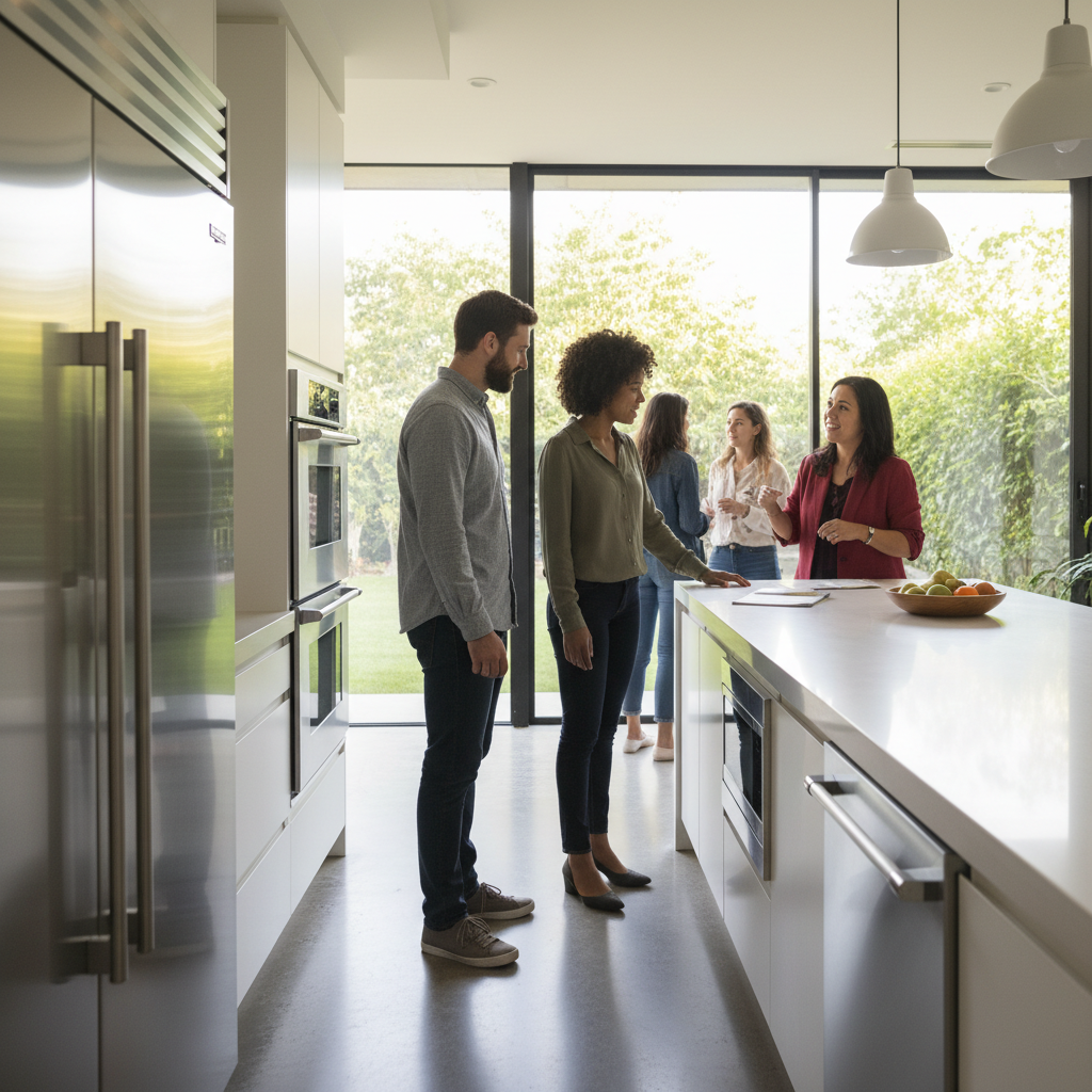 Open house walkthrough in a modern kitchen, showing how Canadian REALTORS guide tours and highlight features