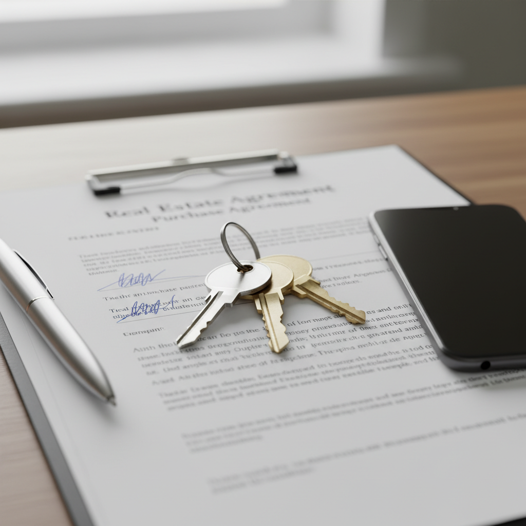 Close-up house keys on signed purchase agreement for Toronto home closing managed by a real estate lawyer