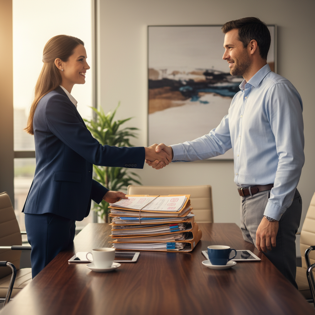 Lawyer and homeowner shaking hands after successful Toronto real estate closing with documents on table