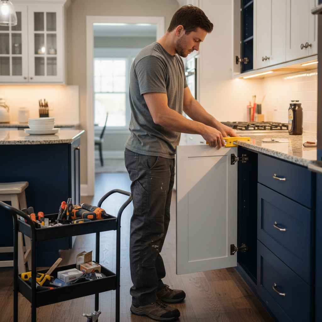 Technician reinstalling resurfaced cabinet doors and aligning soft-close hinges after refinishing in a Toronto kitchen
