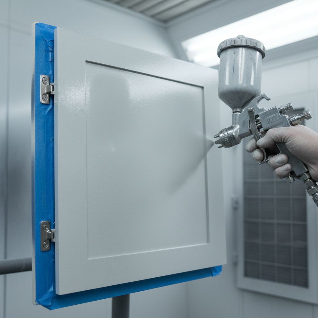 HVLP spray painting a cabinet door in a pro booth for resurfacing kitchen cabinets with smooth, durable finish