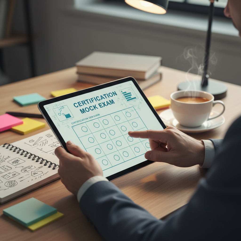 Close-up of tablet showing certification mock exam questions for corporate certification training in Canada
