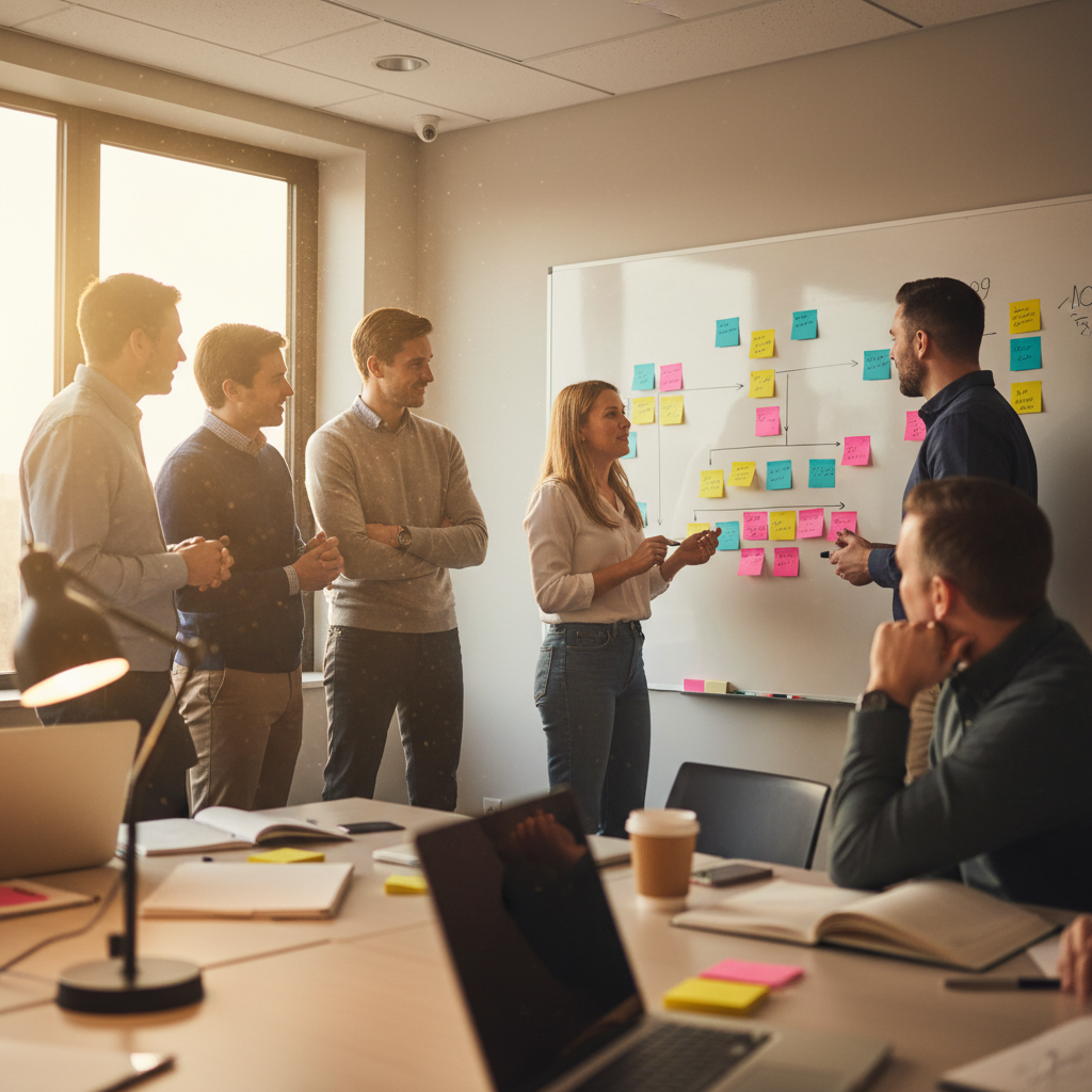 Instructor-led weekend cohort workshop in Canada discussing workflows on a whiteboard for corporate certification training