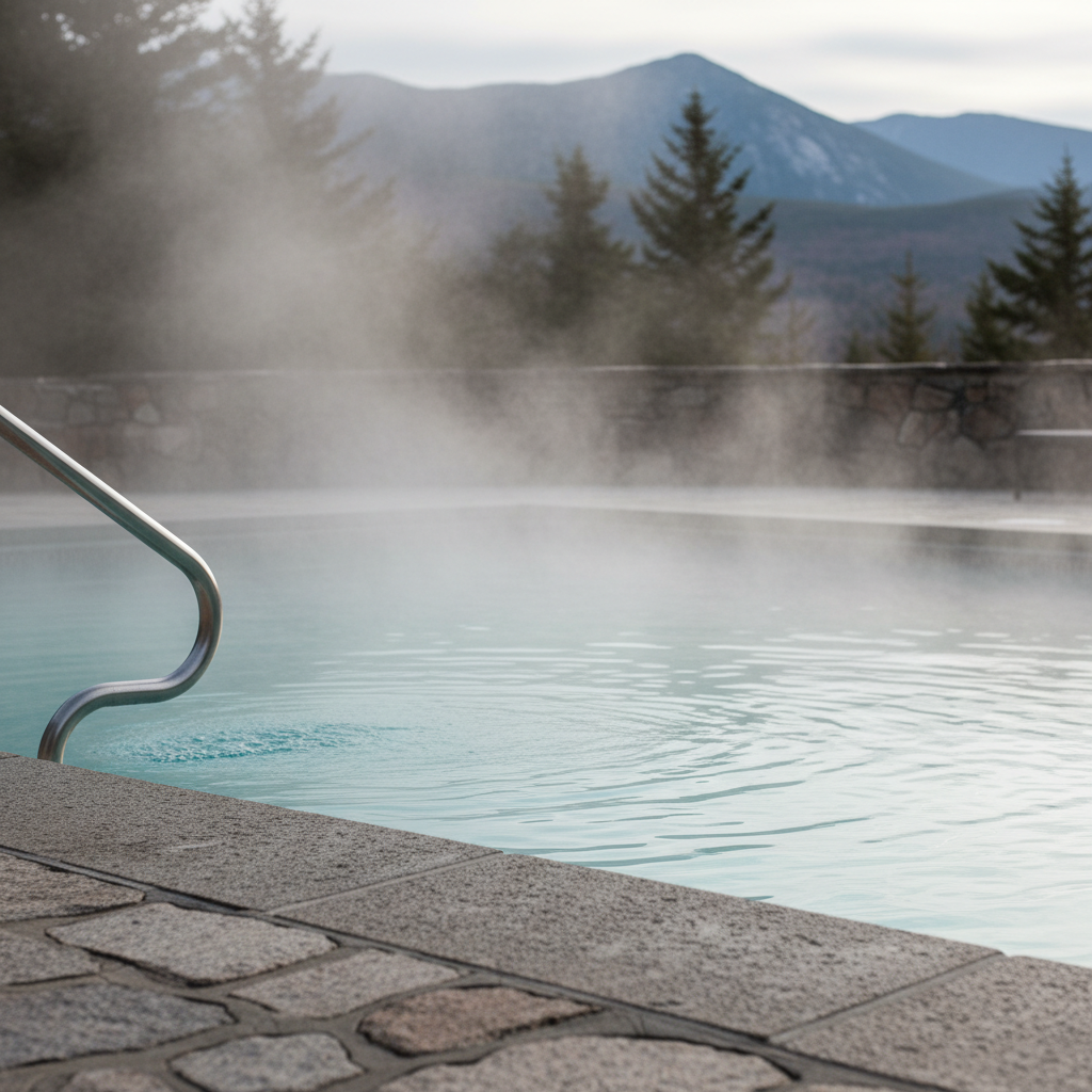 Outdoor heated pool at a North Conway motel with steam rising, ideal White Mountain lodging for families and skiers