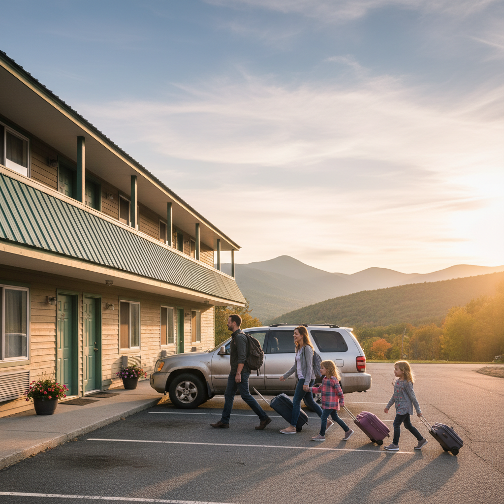 Family arriving at a North Conway motel with door‑side parking and mountain views, a practical White Mountain hotel alternative