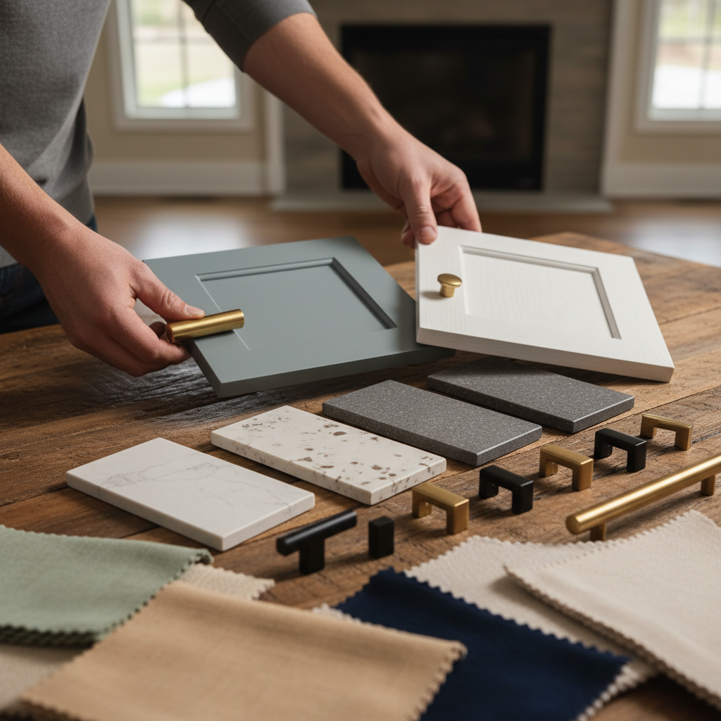 Kitchen Design Consultation: Your GTA Renovation Guide 1 Close-up of a kitchen design consultation comparing cabinet door samples, quartz countertop chips, and hardware pulls during a kitchen design consultation