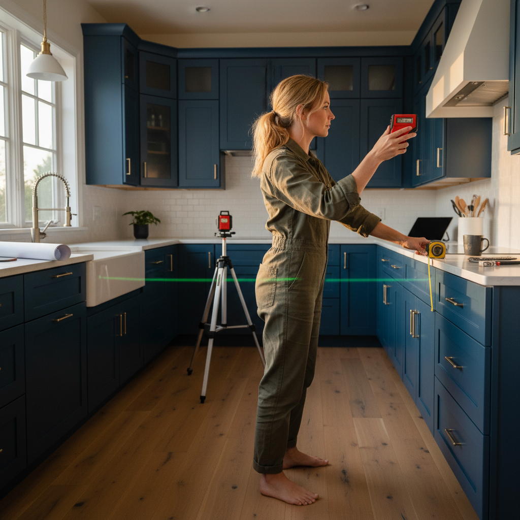 Kitchen Design Consultation: Your GTA Renovation Guide 2 In-home kitchen design consultation scene showing designer measuring existing cabinets with a laser tool to validate layout decisions