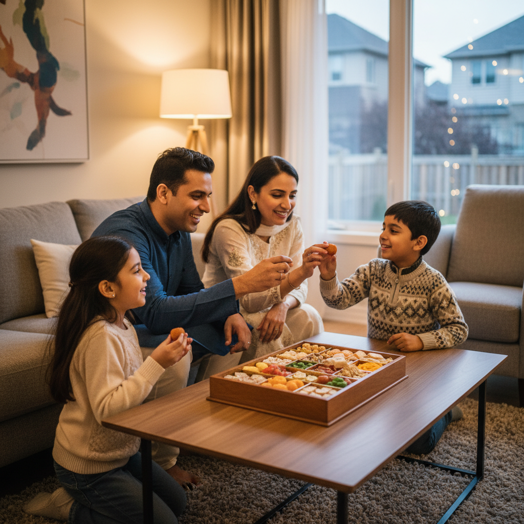 Brampton family sharing an elegant mithai gift box with barfi, laddoo, and gulab jamun — a popular Indian desserts scene at home