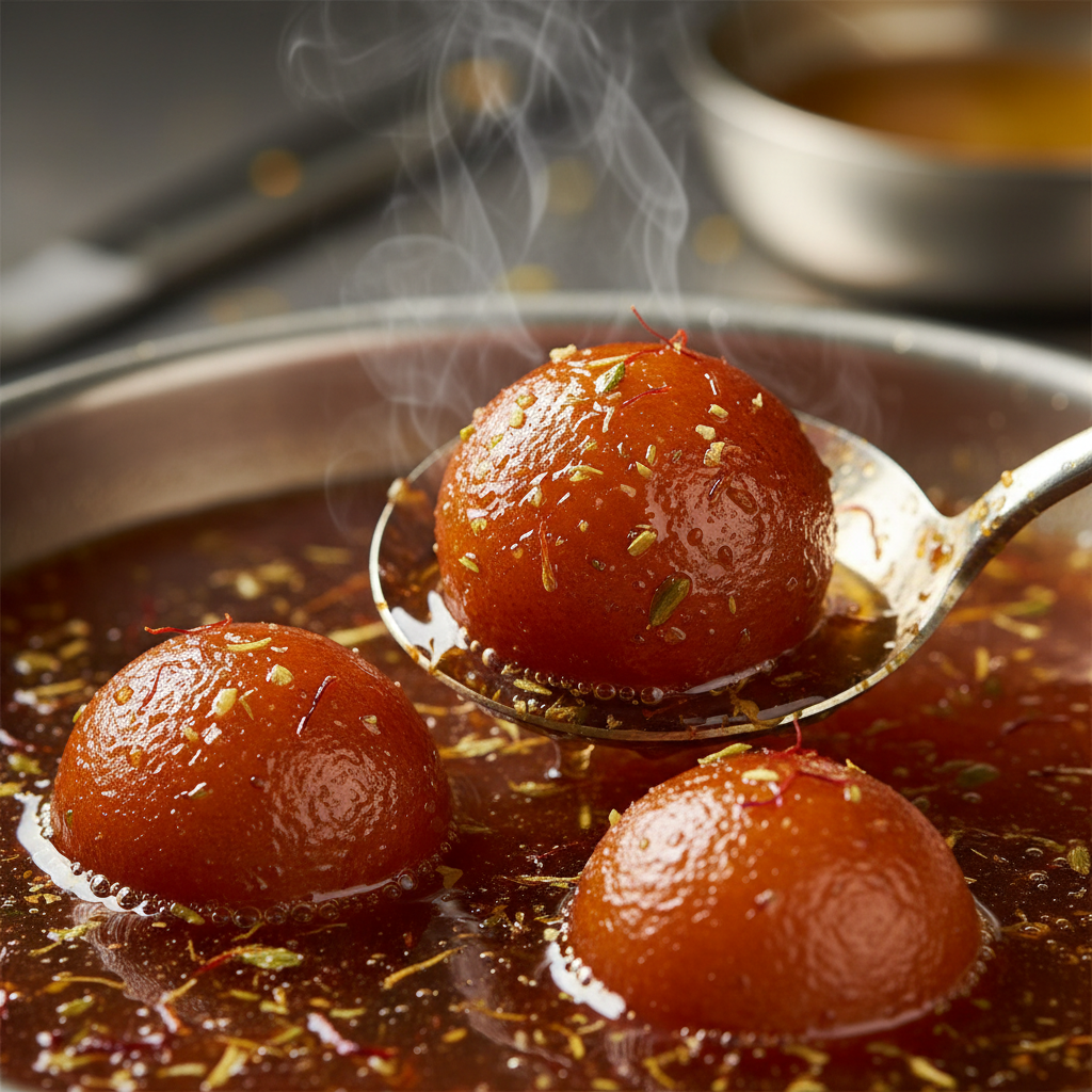 Close-up of gulab jamun in saffron-cardamom syrup from a Brampton mithai shop, showcasing popular Indian desserts and authentic texture