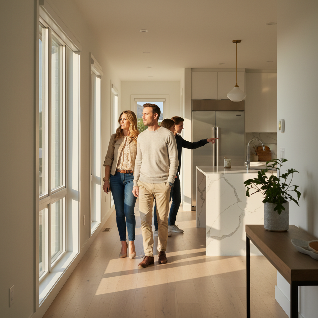 Prospective buyers walking toward a bright kitchen during a Brampton home showing, using a decision checklist to take notes