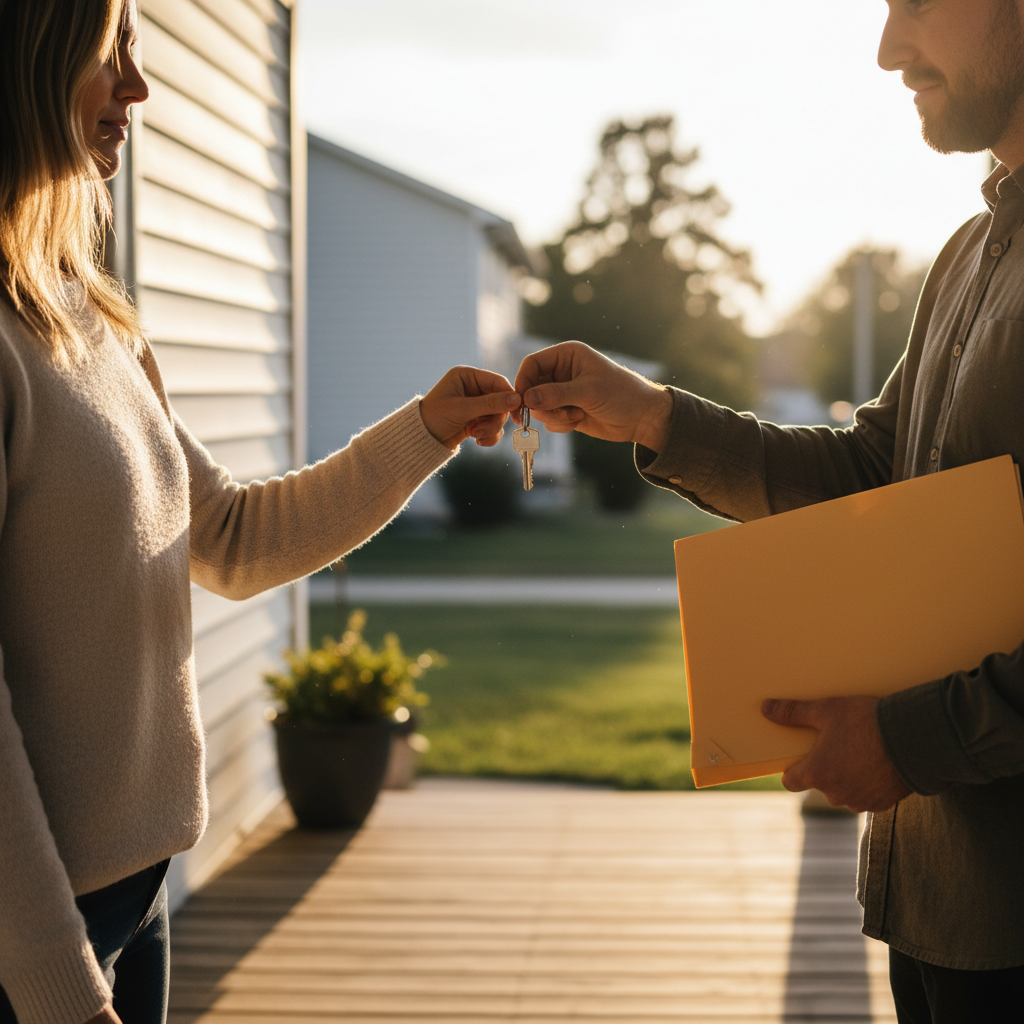 Key handoff on a front porch after a signed purchase agreement, representing a smooth Houseup closing
