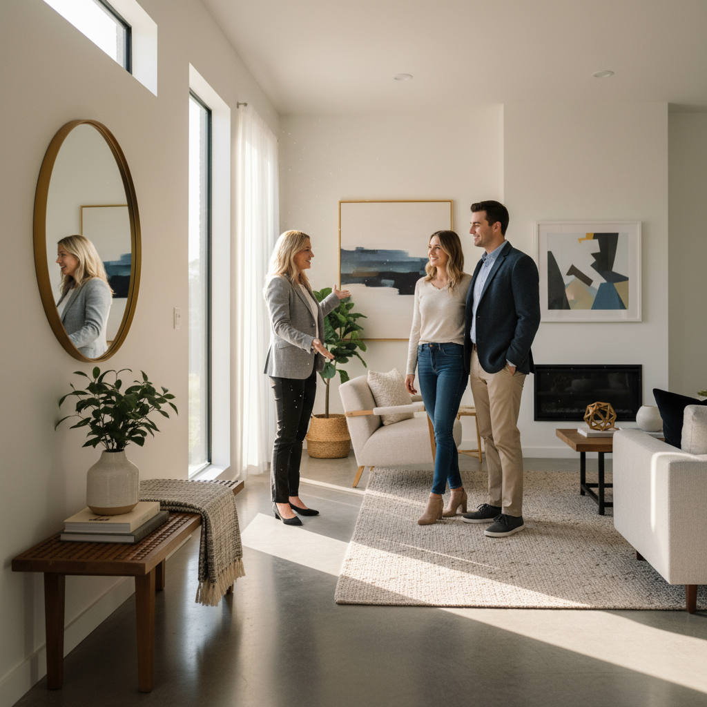 Open house in a staged home with an agent welcoming buyers, showing the impact of staging on buyer experience