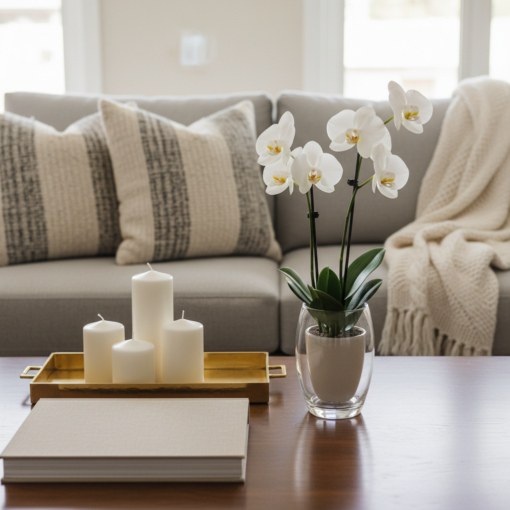 Close-up of curated home staging accents on a neutral coffee table, illustrating why staging matters for home sales