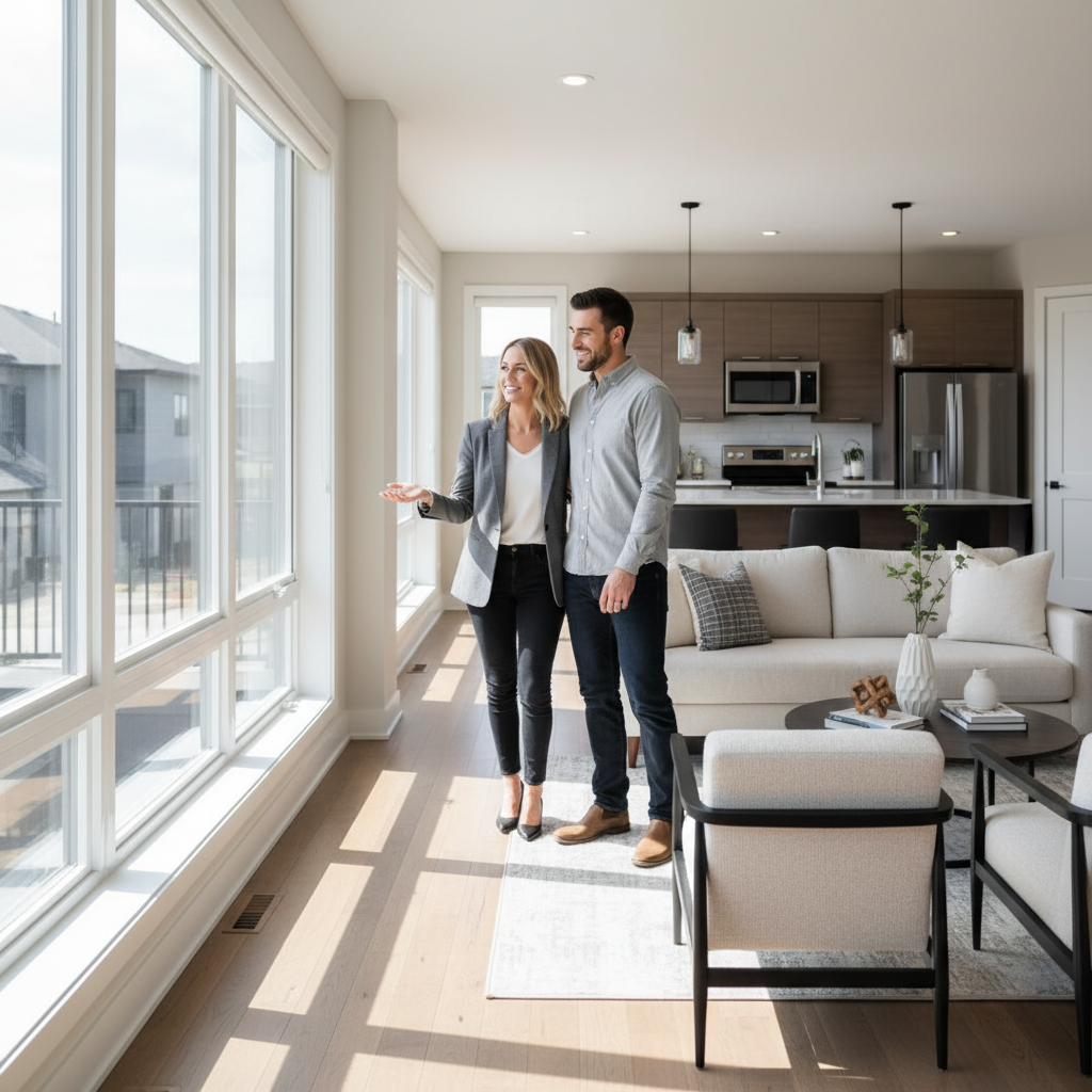 Home tour in Southeast Edmonton with a real estate agent, showcasing living room for buyers seeking houses for sale in Edmonton, Alberta