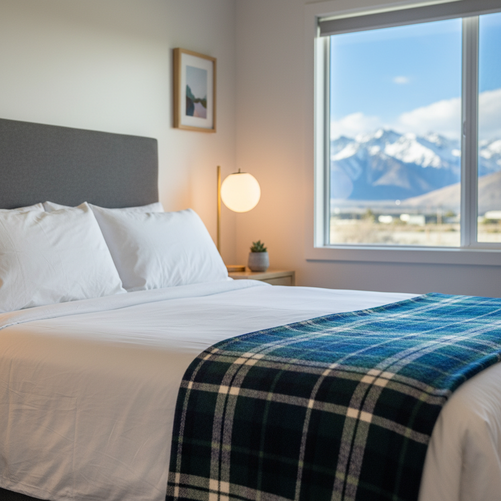 Renovated mountain motel room in North Conway with crisp white linens, plaid throw, and window framing the White Mountains