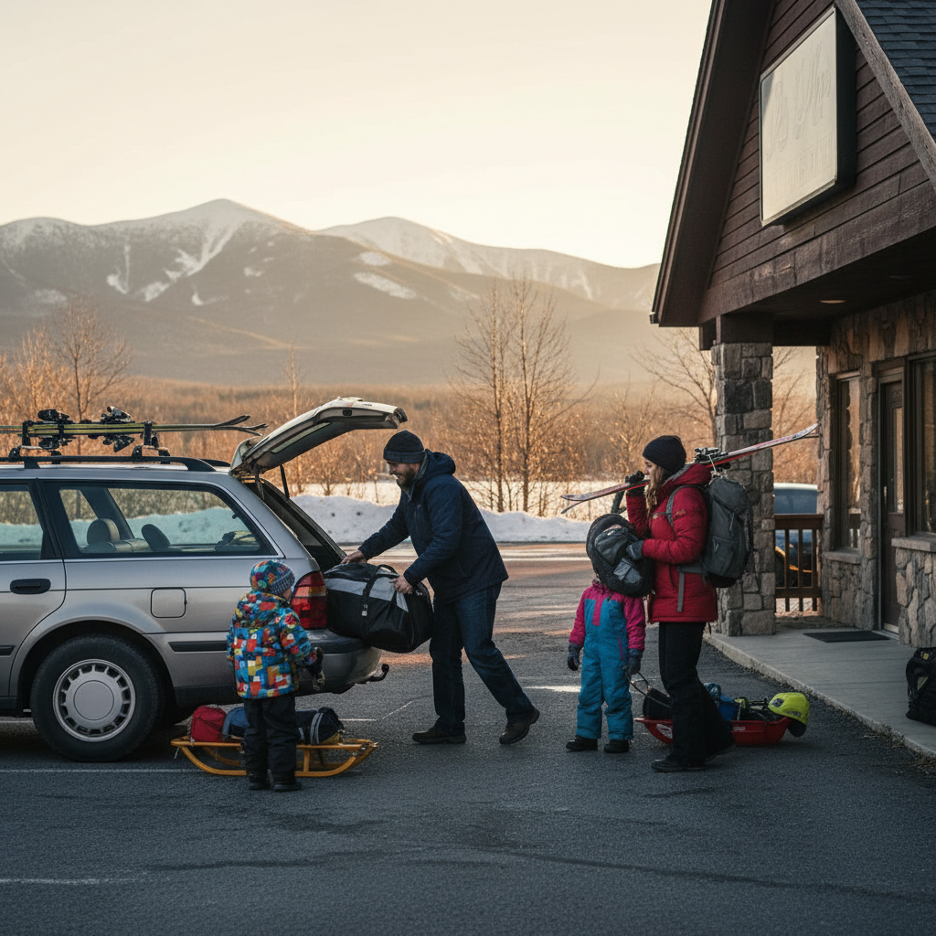 Family unloading skis at a mountain motel parking area in North Conway with mountains in the background