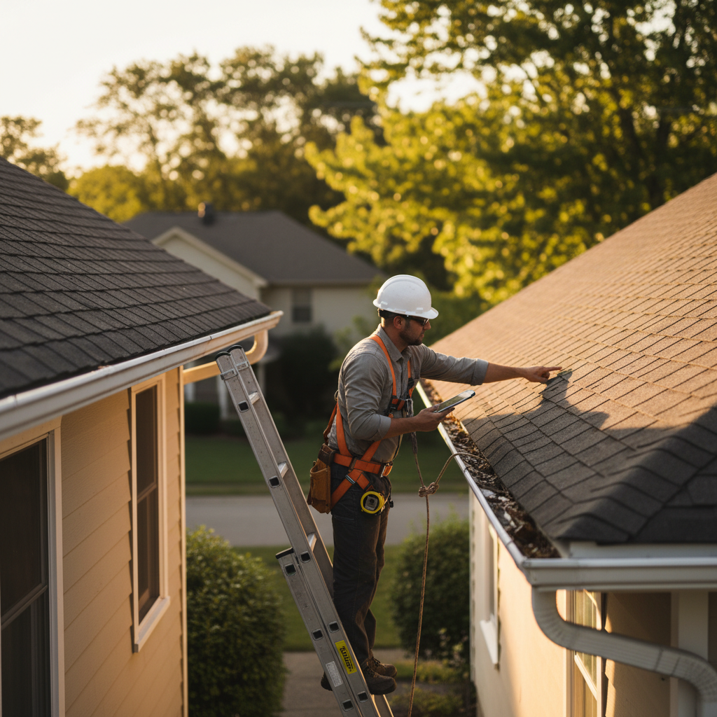 Inspector checking roof shingles and gutters during a buyer’s home inspection in the GTA, focusing on flashing and drainage