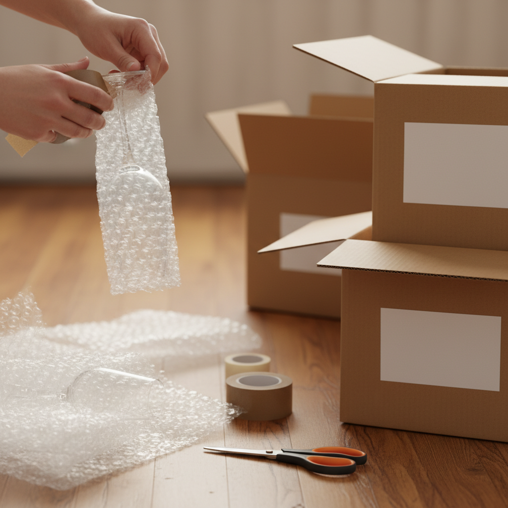 Close-up of hands using bubble wrap to pack fragile glassware for a cross-country move