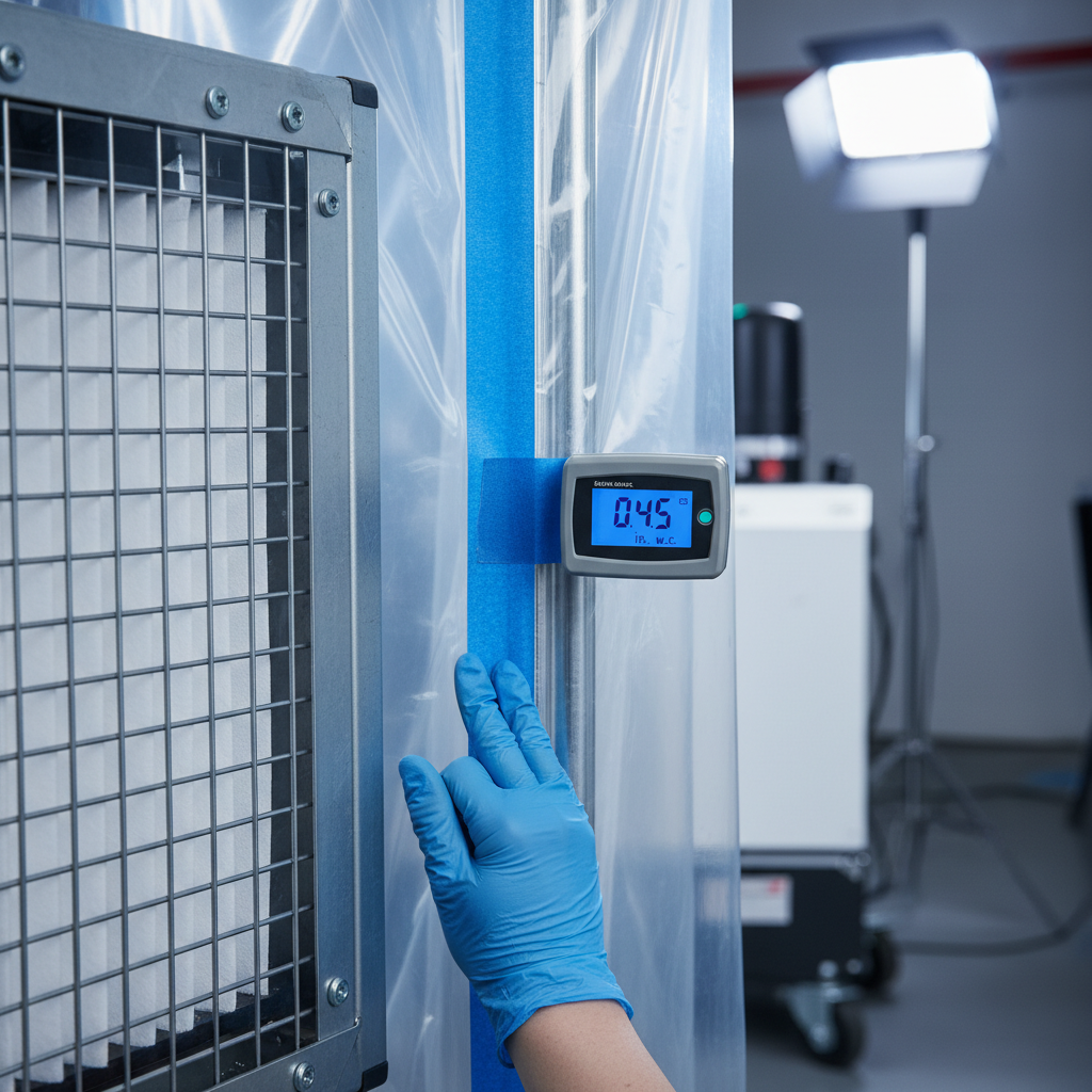 Close-up of HEPA air scrubber filter, sealed containment, and technician taping seams for mold remediation services